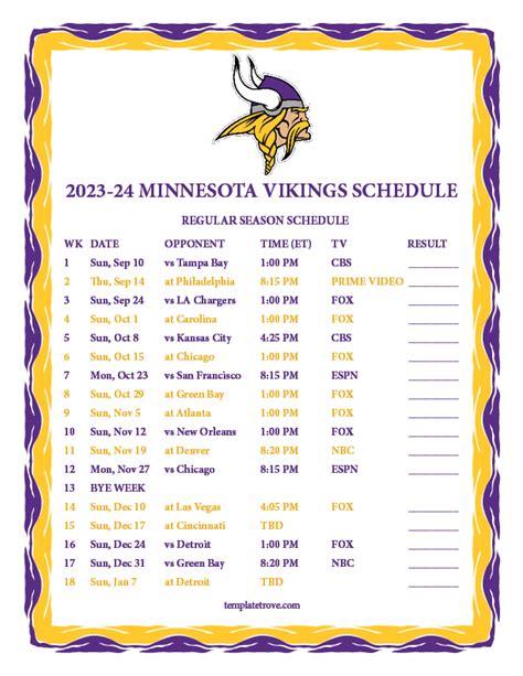Minnesota vikings schedule 2023 24 - Feb 13, 2024 · Minnesota Vikings. Minnesota. Vikings. ESPN has the full 2023 Minnesota Vikings Regular Season NFL schedule. Includes game times, TV listings and ticket information for all Vikings games.